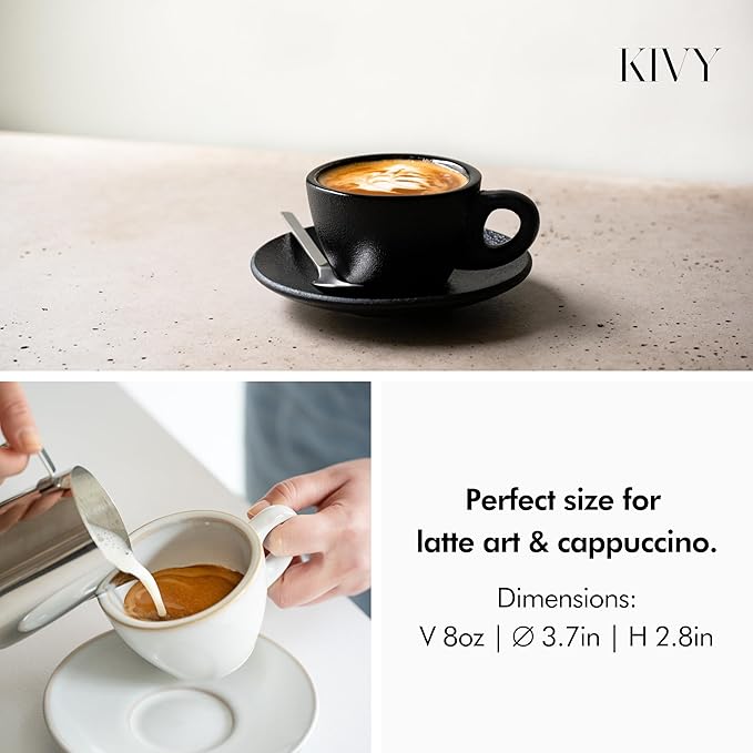 KIVY Cappuccino cups set of 4 [8oz] - Thick-walled stoneware cappuccino cup set for latte art - Latte mugs - Latte cups - Latte mug - Coffee cup black - Ceramic latte cup and saucer - Bloomnest