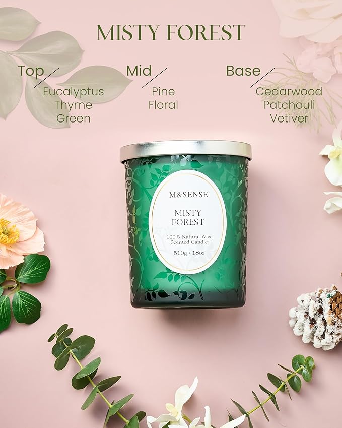 M&SENSE Misty Pine Forest Candle, Cracking Wooden Wick Soy Wax, 18oz 100 Hours Long Lasting Clean Burn, Large Fall Candles for Home Scented, Winter Holiday Gifts for Women Christmas - Bloomnest