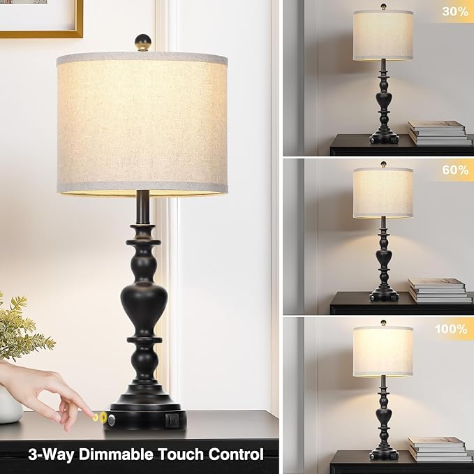 Farmhouse Table Lamps Set of 2, 27" Black Vintage Bedside Lamps with USB A+C Charging Ports, 3-Way Dimmable Touch Control Rustic Nightstand Lamp for Living Room Office(Bulbs Included) - Bloomnest