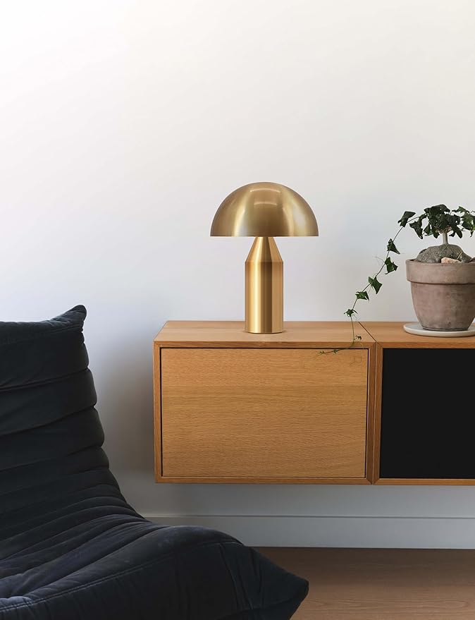 Brightech Venus Mushroom Table Lamp - Modern Lamp for Living Room, Bedroom Side/End Table - Dimmable, Unique Side Table LED Lamp Shade for Office, Reading - Brass/Gold, 14" Tall - Bloomnest
