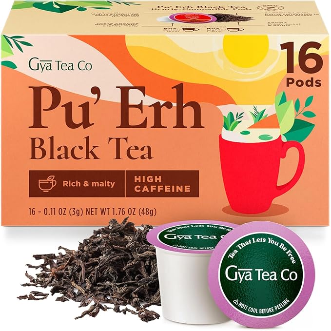 Gya Tea Co Caffeinated Pu'Erh Black Tea Pod (16 Count) - Smooth, Flavourful, Robust, Enjoy Hot or Iced - Bloomnest