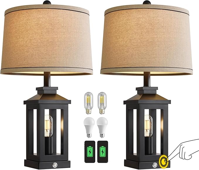 23.75" Retro Farmhouse Black Table Lamp for Living Room Bedroom Nightstand Set of 2 Touch Control Bedside Nightlight Vintage Modern Lamp with USB C+A Ports and 2 Light Sources - Bloomnest