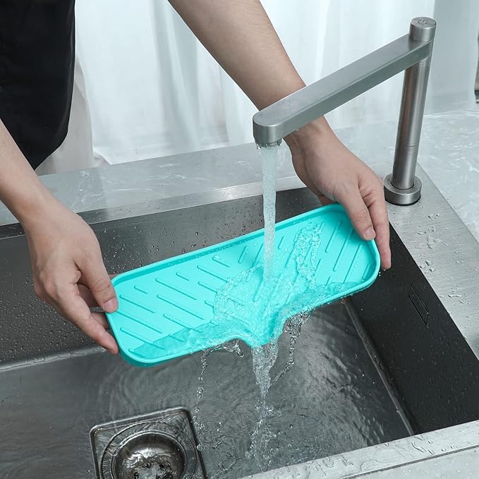 Silicone Bathroom Soap Dishes with Drain Spout-Bathroom and Kitchen Sink Organizer,Sponge Holder,Dish Soap Tray,Perfect for Dispenser,Scrubber,Bottle,Cup on Sink or Counter-Mint 12"×4" - Bloomnest