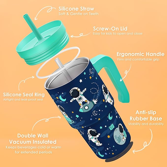Astronaut Tumbler 20oz with Handle and Silicone Straw Lid for Kid, Insulated Stainless Steel Cup, Gift for Kids Boys, Gifts Idea for Birthday Christmas Back to School - Bloomnest