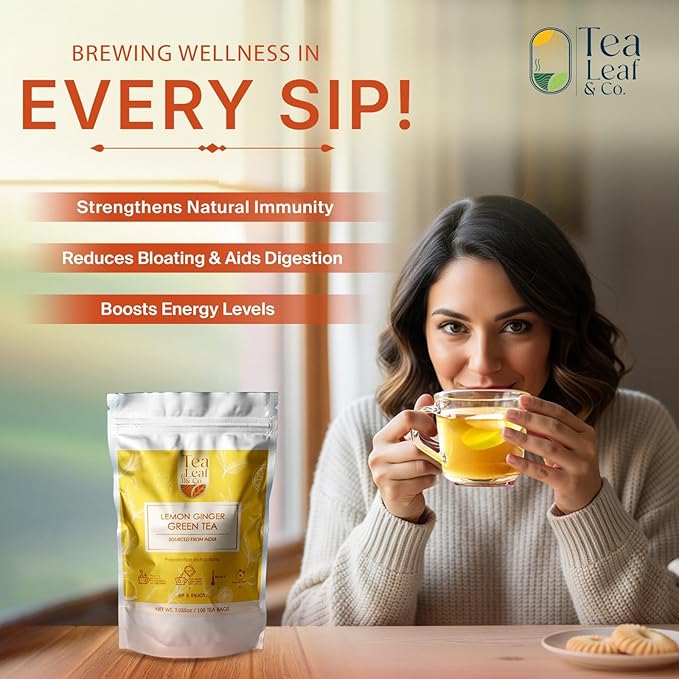Tealeaf & Co. Lemon Ginger Green Tea with Ginger, Lemon Flavor, Orange Peel, Mint & Black Pepper - Organic Green Tea Bags with Fresh Herbs and Spices - Vegan - 100 Teabags (7.055oz/200gm) - Bloomnest