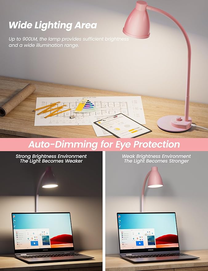 BOHON Cute Desk Lamp with USB Charging Port, Pink Lamp 3 Color Modes Dimmable LED Reading Lamp, Flexible Gooseneck Auto Dimming Table Task Light for Home Office Dorm Bedside, Pink - Bloomnest
