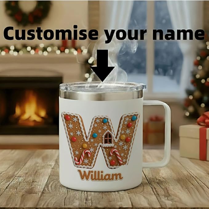 Personalized Christmas Mug | Custom Gingerbread House Initial Insulated Coffee Cup with Handle & Lid | 12oz Holiday Tumbler, Cute Baking & Stocking Stuffer Gift (B17) - Bloomnest