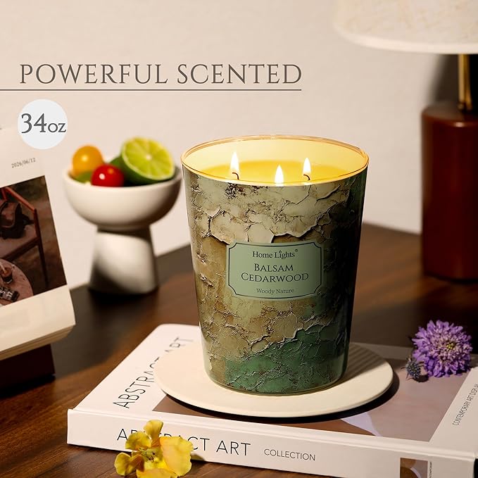 HomeLights Balsam Cedarwood Scented Candles | 34oz Soy Candles Industrial Chic 3-Wick Large Candle Jars | Ideal Candle Gifts for Events, Home Decor Stress, Relief & Relaxation - Bloomnest