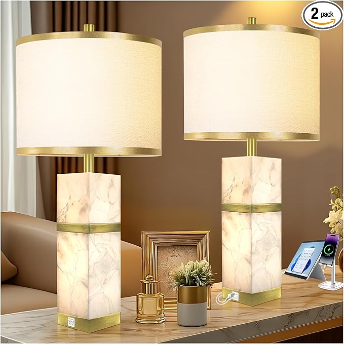 Natural Alabaster Table Lamps Set of 2 - Table Lamp with Night Light for Bedroom,Nightstand Lamps with USB Ports,Bedside Lamps with Linen Fabric Shade for Living Room,Bedroom,Office,Bar(Bulb Included) - Bloomnest