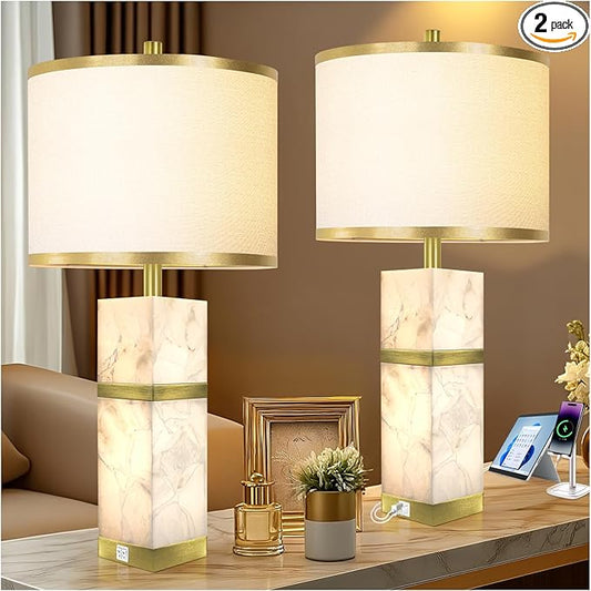 Natural Alabaster Table Lamps Set of 2 - Table Lamp with Night Light for Bedroom,Nightstand Lamps with USB Ports,Bedside Lamps with Linen Fabric Shade for Living Room,Bedroom,Office,Bar(Bulb Included) - Bloomnest