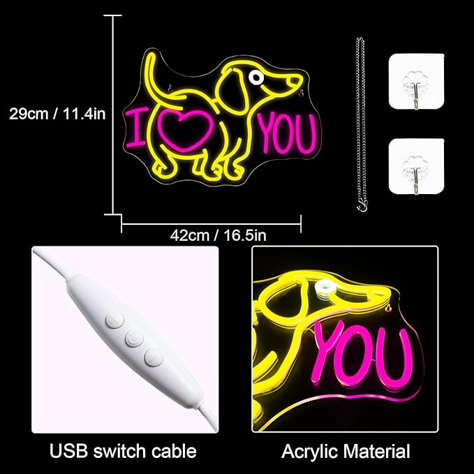 Lucunstar Dog Neon Sign I Love You Neon Signs for Wall Decor Dog LED Light for Pet Shop Wall USB Connectivity Adjustable Brightness Pink LED Sign for Party Decor Gifts for Animal Lover Valentine's Day - Bloomnest