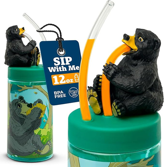 Regional Black Bear Cup, Water Bottle, Tumbler with Lid and Straw, Travel Sippy Cup for Water or Milk, Cups with Lids BPA Free Plastic, 12 oz - Bloomnest