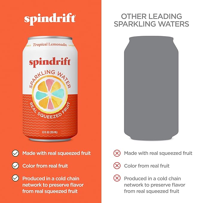 Spindrift Sparkling Water, Tropical Lemonade Flavored, Made with Real Squeezed Fruit, 12 Fl OZ Cans, Pack of 24 (Only 13 Calories per Can) - Bloomnest