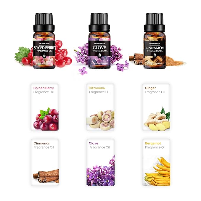 Lagunamoon Fall Essential Oils Set - Spice Fragrance Oils Autumn Gift Set for Diffusers, Home Care, Candle Making Scents, Aromatherapy - Cinnamon, Clove, Citronella, Ginger and Spiced Berries (10mL) - Bloomnest