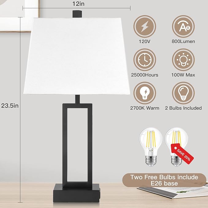 23.5" Touch Control Table Lamps Set of 2, Bedside Lamp with 2 USB Ports & AC Outlet, 3-Way Dimmable Nightstand Lamp with White Linen Shade for Living Room Bedroom End Table Office(2 LED Bulb Included) - Bloomnest