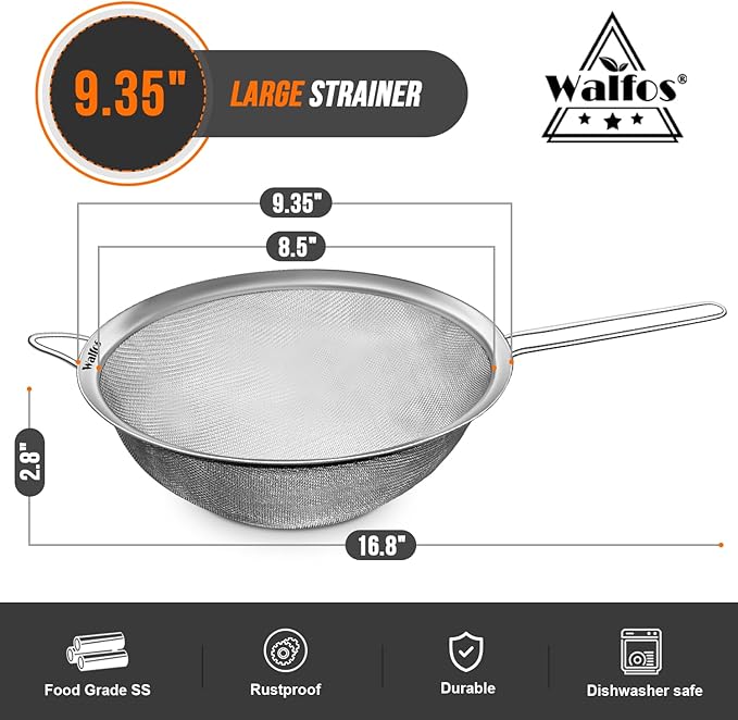 Walfos 9.35 Inch Large Fine Mesh Strainer, Stainless Steel 30 Mesh Sieve with Sturdy Handle, Kitchen Food Strainers Sifters for Rice, Quinoa, Pasta, Fruits, Vegetables, etc. - Bloomnest