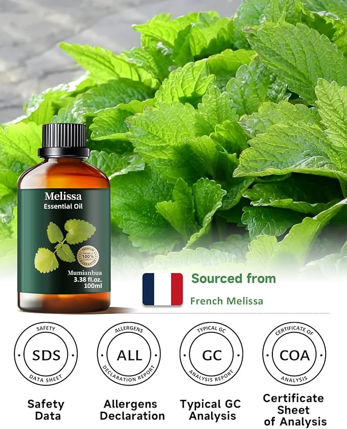 Melissa Essential Oil Pure, Mumianhua Natural Therapeutic Melissa Oil for Skin, Body, Hair Care, Diffuser, Aromatherapy,Candle, Soap, Making, DIY, Massage, Sauna 3.38 Fl Oz - Bloomnest