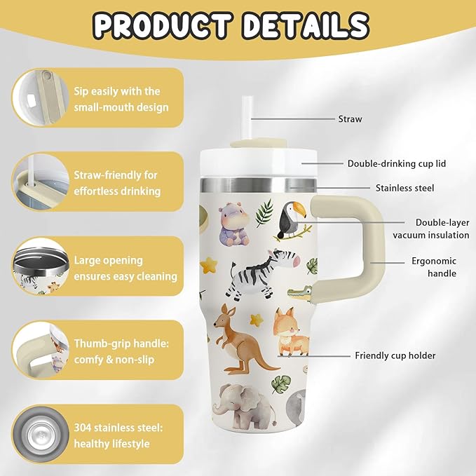 Animal Lover Gifts for Kids - 14 Oz Cute Cartoon Tumbler with Handle and Straw, Stainless Steel Insulated Tumbler, Sweatproof, for Sports, School, Travel - Boys Girls Children Birthday Gifts Cups(1pc) - Bloomnest
