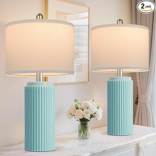 23.5’’ Light Green Coastal Table Lamps for Bedroom Set of 2, Modern Ceramic Nightstand Lamps for Living Room, Elegant Bedside Lamps with White Line Shade Set for Reading, Farmhouse Side Table Lamps - Bloomnest