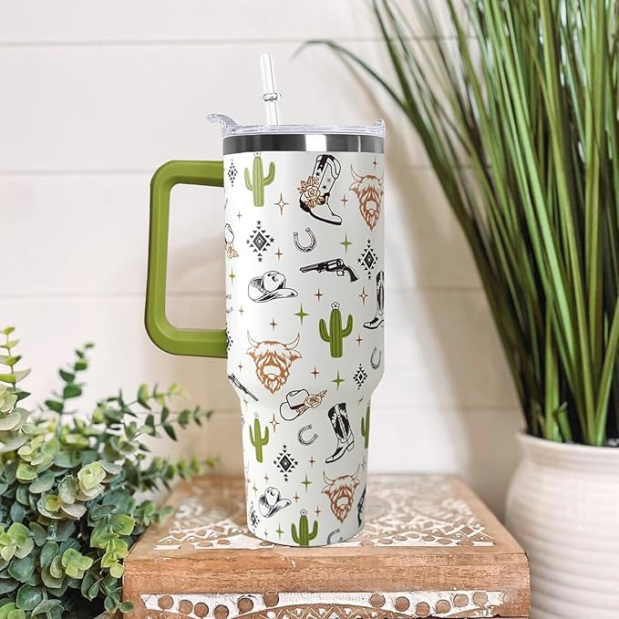 Ceovfoi 40 Oz Western Tumbler With Handle, Cow Skull Coffee Travel Mug Cup Water Bottle, Western Decor, Gifts for Women - Bloomnest