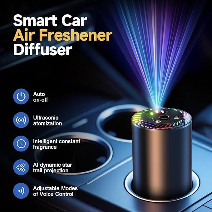 Smart Car Air Freshener Diffuser Voice Control with Starry Projection Light, 3 Adjustable Modes Intelligent Aromatherapy for Essential Oil, Smart Auto On/Off, Voice Edition (Cologne) Toretark