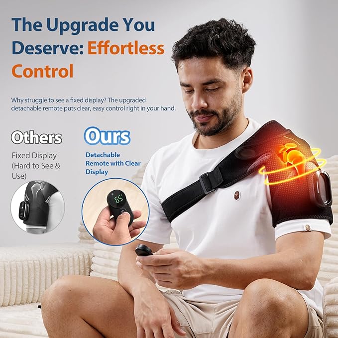 Cordless Shoulder Heating Pad with Magnetic Detachable Remote Control - Heated Massager Shoulder Brace for Pain Relief with 5 Vibration Modes & 5 Heating Levels, Gift for Men Women, Black - Bloomnest