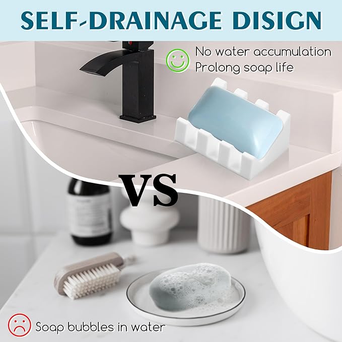 Silicone Soap Dish with Drain, Upgrade Double Suction Cups at The Bottom for Anti-Slip and Stability, Soap Dish Shower Waterfall Bar Soap Holder Tray with Drain Soap Holder (2, White) - Bloomnest