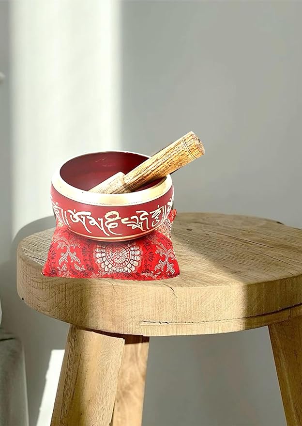 Ajuny Tibetan Singing Bowl Set Handmade Brass Sound Bowl for Meditation Yoga Chakra Healing Stress Relief Spiritual Mindfulness Authentic Unique Spiritual Gifts for Men & Women (Red) AJUNY