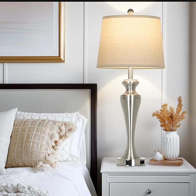30" Silver Table Lamps Set of 2, 3-Way Dimmable Touch Living Room Lamp with USB A+C Ports and AC Outlet, Modern Brushed Nickel Bedroom Lamps, Tall Metal Bedside Lamp for Nightstand Side Table - Bloomnest