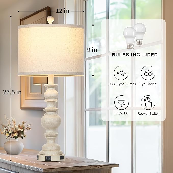 27.5" Farmhouse Table Lamps Set of 2, Rustic Living Room Lamps with USB C+A Ports & AC Outlet, Vintage Bedside Lamps with Linen Shade, Tradition Bedroom Lamps for Nightstand Side End Table Desk, Beige - Bloomnest