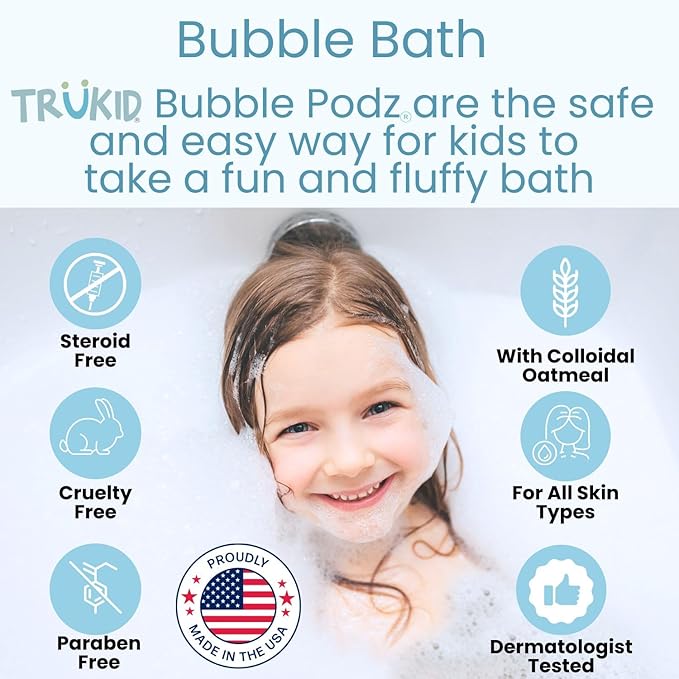 TruKid Bubble Podz Bubble Bath for Kids, Toddlers, & Babies, NEA-Accepted for Eczema, Gentle Refreshing Colloidal Oatmeal Bath Bomb for Sensitive Skin, pH Balanced, Tear Free, Unscented (60 Podz) - Bloomnest