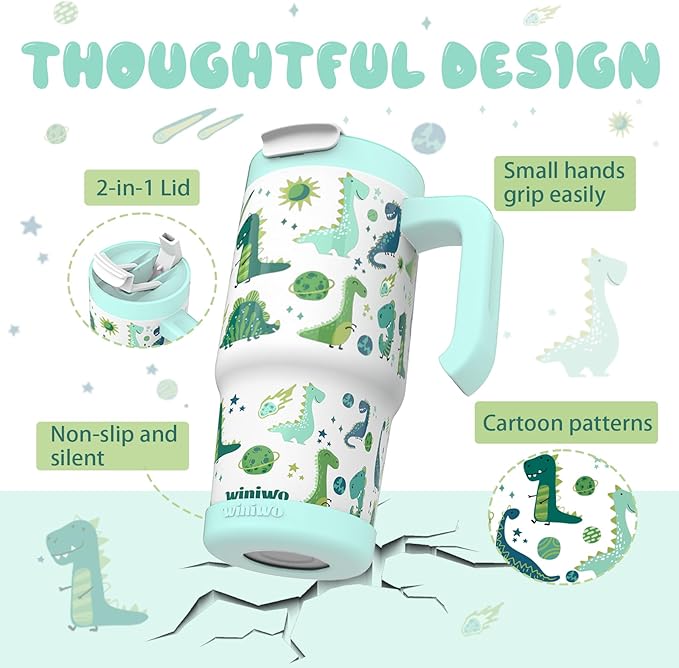 22 oz Tumbler with Handle for Kids, Easy to Hold, Spill-proof, Insulated Cups with Sip/Swig 2-in-1 Lid, Fit Most Car Cup Holders,School, Home,travel,Green Dinosaur - Bloomnest
