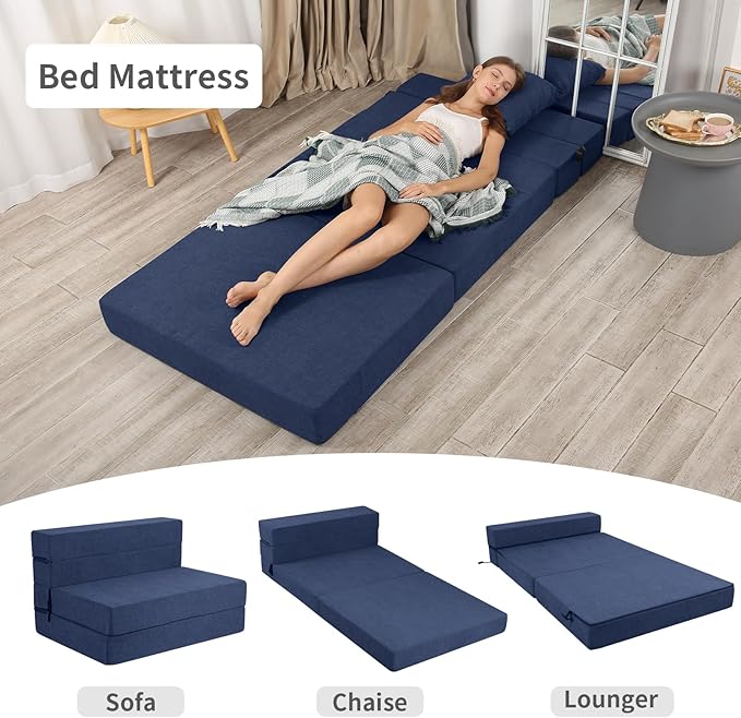 High-Density Memory Foam Folding Sofa Bed with Fluffy Pillow, Twin Size, Navy - Bloomnest