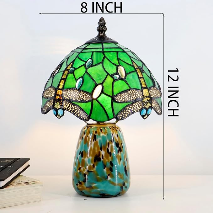 Tiffany Mushroom Table Lamp Dragonfly Style Green Stained Glass Accent Lamp Brown Blue Glass Base 8X8X12 Inch - Bloomnest