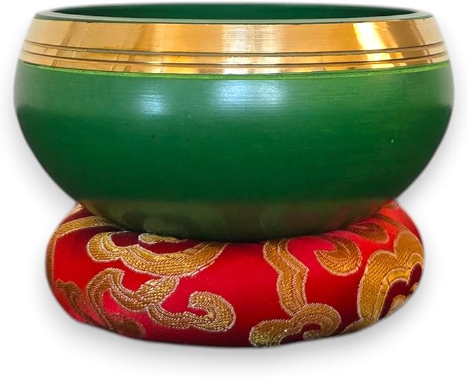 4” Tibetan Singing Bowl Set – Includes Handmade Cushion, Wooden Mallet & Hand-Stitched Case – Chakra Healing, Meditation Sound Bowl – Made in Nepal (Green) - Bloomnest