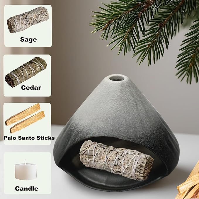 Ceramic Palo Santo Holder,Fuji Mountain Shape Incense Stick Burner for Yoga,Meditation,and Energy Cleansing Shower, Anxiety Relief for Women,Meditation with Gift Box (Black and White) - Bloomnest
