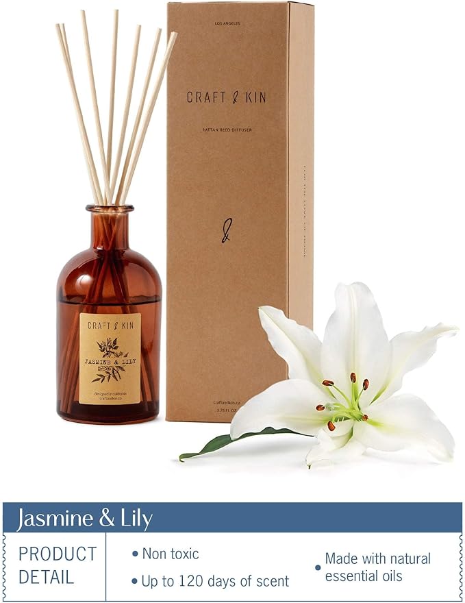 Craft & Kin Lily & Jasmine Diffuser Reed Diffuser | All Natural Essential Oil & 8 Rattan Scent Sticks | Reed Diffusers for Home, Bathroom | Long Lasting Home Fragrance in Amber Glass, 5.75oz CraftKin