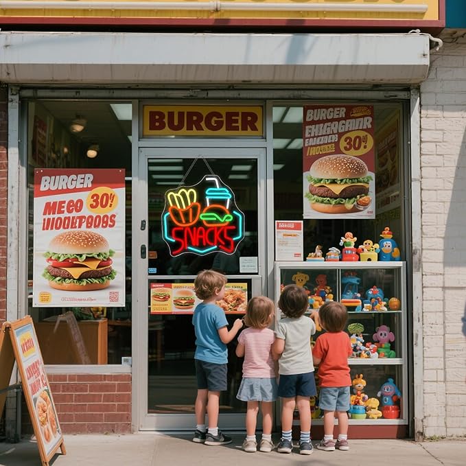 Lucunstar Snack Burger Fries Neon Sign LED Sign for Burger Shop Decor Hamburger LED Neon Light USB Connectivity Neon Sign with Dimming switch for Restaurant Kitchen Store Party Bar Sign - Bloomnest