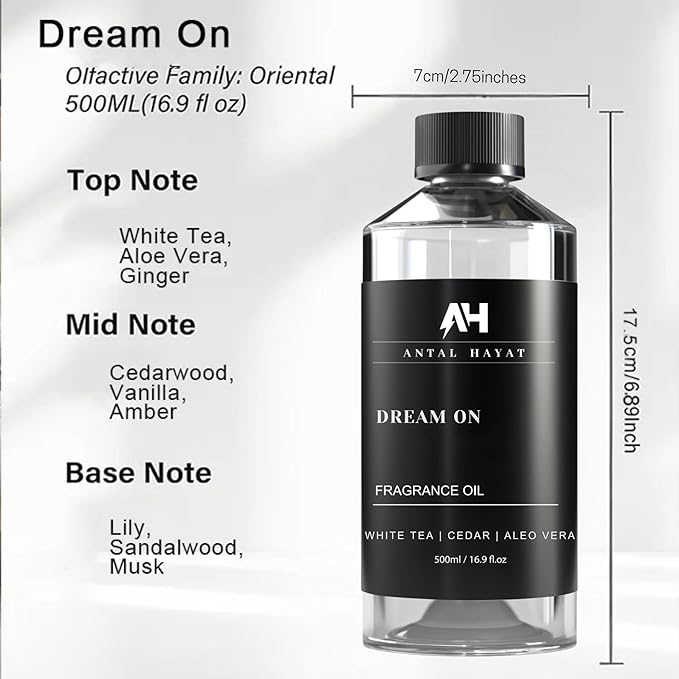 Dream on Essential Oil Scent 500mL - Luxury Home Aromatherapy Diffuser Oil - Formulated with Hints of Bright White Tea, Sweet Vanilla, & Earthy Cedar - Inspired by One Hotel Miami Beach - Bloomnest