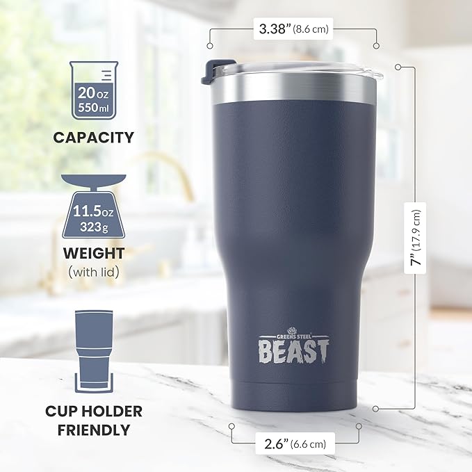 Beast 20 oz Tumbler Stainless Steel Vacuum Insulated Coffee Ice Cup Double Wall Travel Flask (Navy Blue) - Bloomnest