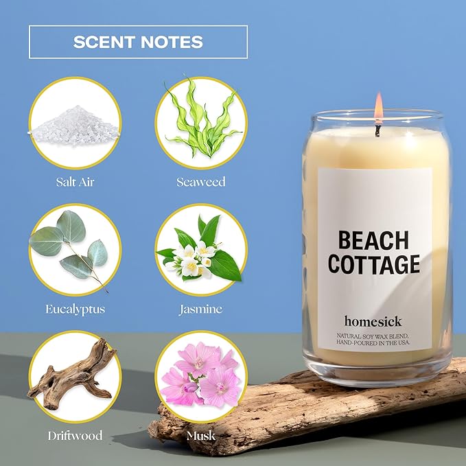 Homesick Scented Candles for Home (Beach Cottage) - Long-Lasting Natural Soy Wax Blend Jar Candle Gifts for Women & Men, 60-80 Hours Burn Time - Notes of Bergamot & Sandalwood - Bloomnest