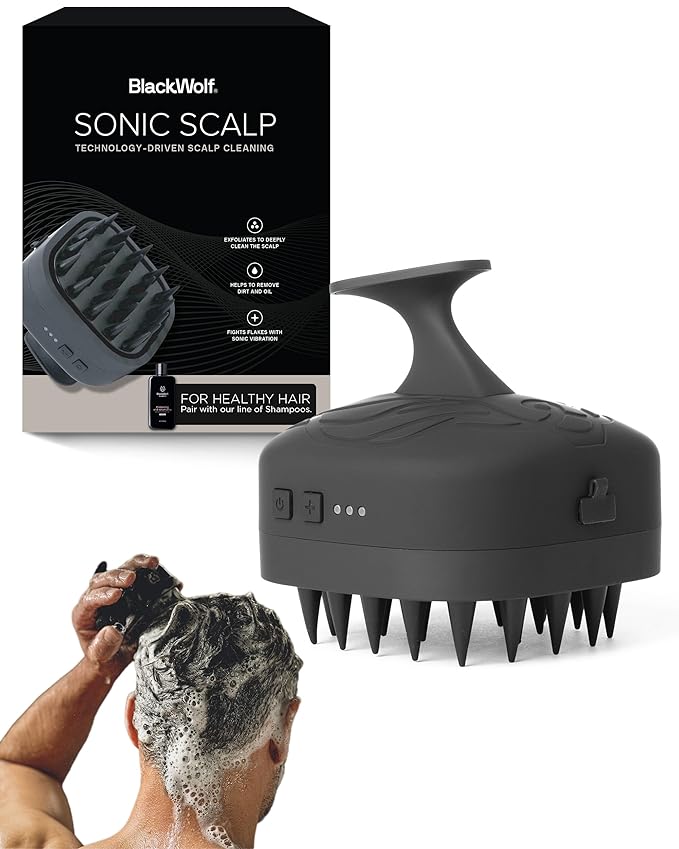 Black Wolf Sonic Scalp Scrubber - Electric Hair & Scalp Massager Brush with 3-Speed Oscillation - Rechargeable Shower Brush & Head Scrubber with Soft Silicone Bristles for Deep Clean & Exfoliation BlackWolf
