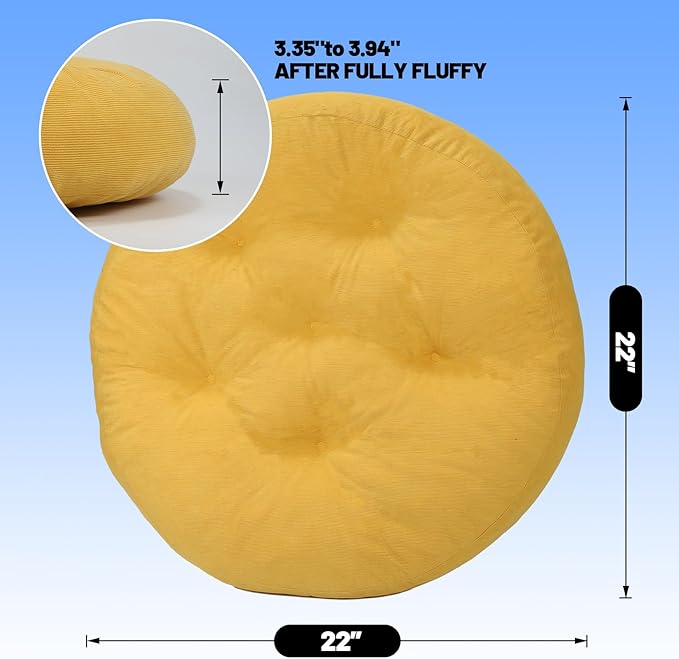 Meditation Floor Pillow Set of 2, Round Large Pillows Seating for Adults, Tufted Corduroy Cushion for Tatami Living Room, 22x22 Inch FP-Yellow-R