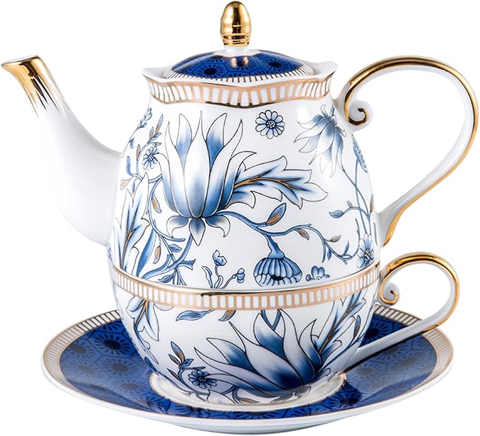 ACMLIFE Tea for One Teapot and Cup Set, Vintage Floral Porcelain Tea Set for One, Bone China Teapot Set, Tea Pot Set Gift for Women (Blue) - Bloomnest