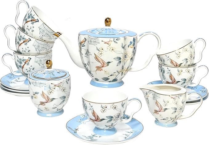 Bone China Tea Set, Porcelain Tea Sets for Adults, Blue and White Bone China Tea Cup Set for 6, Vintage Tea Sets for Women Tea Party - Bloomnest