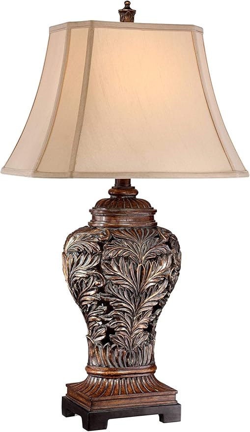 Barnes and Ivy Leafwork Vase 32 1/2" Tall Large Traditional End Table Lamp Brown Wood Finish Single Tan Rectangular Shade Living Room Bedroom Bedside Nightstand House Office Home Reading Kitchen - Bloomnest