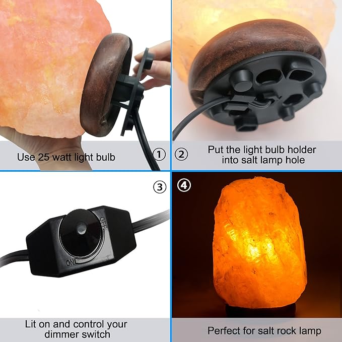 haraqi Himalayan Salt Lamp Cords (6ft) with Dimmer Switch,Original Replacement Cords with Base Assembly(3.34 Inches) and 25 Watt E12 Bulbs for Salt Rock Lamp Cord 2 Set