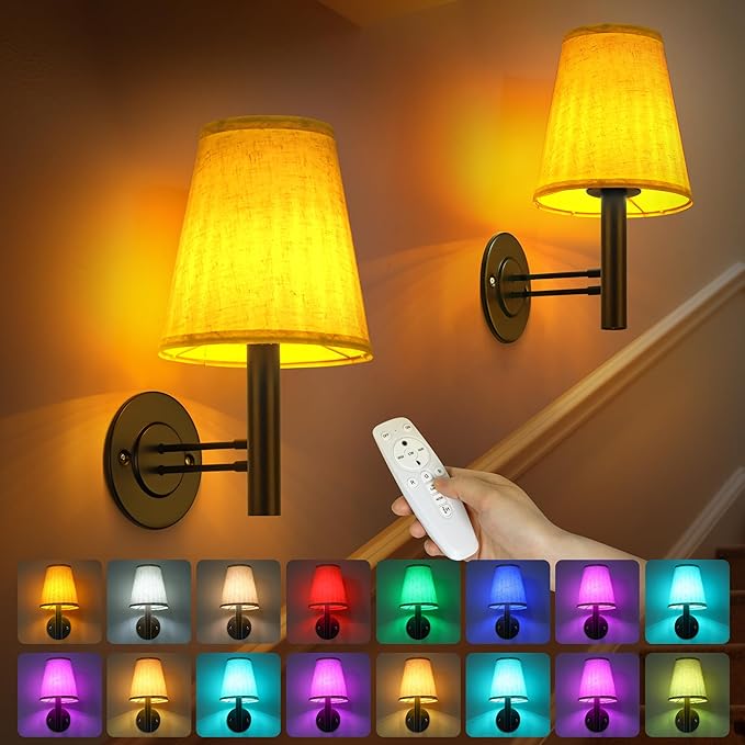 Rechargeable Wall Sconces Gold with Remote Control, 5200mAh Battery Operated Wall Lights, Wireless 16 Colors Timer & Dimmable Battery Wall Lamp for Bedroom, Living Room, Hallway - Bloomnest