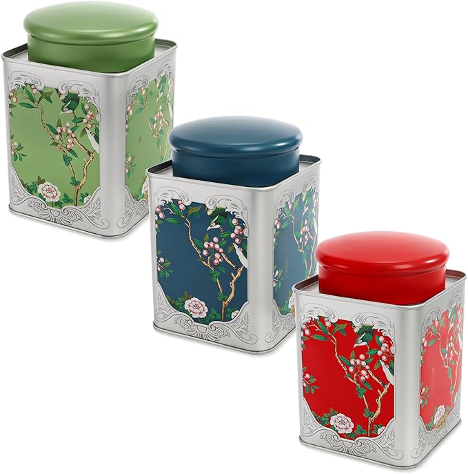 3 Pack Airtight Tea Tin Canister, 38 OZ Tinplate Empty Loose Tea Box, Chinese Style Jar with Double Lids, Matcha Tin Containers, Vintage Square Coffee Canisters for Candy Nut Spice Kitchen