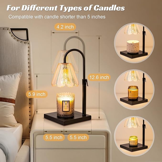Golden Floral Candle Warmer Lamp with Timer & Dimmable Light - Adjustable Height Jar Candle Melter with Ebony Wooden Base, Home Decor Gift Set (Includes 2 Bulbs) - Bloomnest